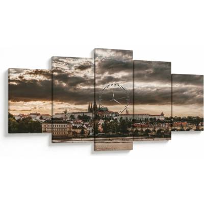 Obraz - zamračená Praha (s hodinami), päťdielne 150x80 cm s hodinami