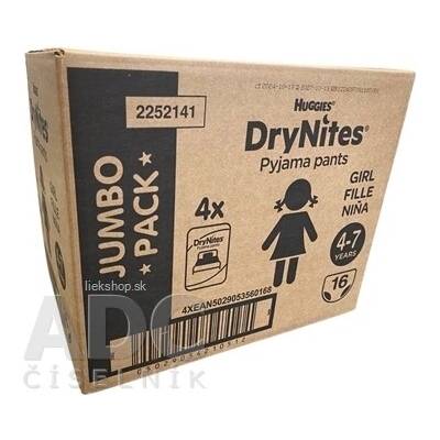 HUGGIES DryNites M pre dievčatá 4-7 rokov JUMBO 17-30 kg 4x16 ks
