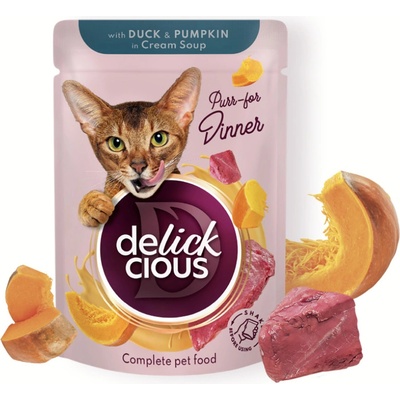 Delickcious Adult cat Strips s kačacou a tekvicou v krémovej polievke 85 g
