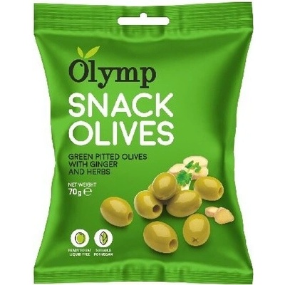 OLYMP Olivový snack zelené olivy zázvor – bylinky konzervované a sterilizované potraviny 70 g