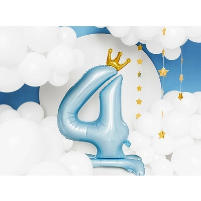 PartyDeco BALÓNEK fóliový Stojací číslo 4 s korunkou světle modrý 84 cm