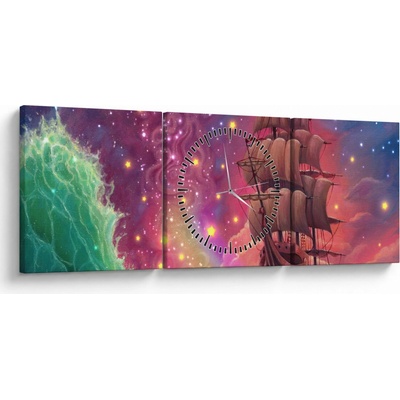 Obraz - Loď s vesmírnou oblohou (s hodinami), trojdielne 90x30 cm s hodinami