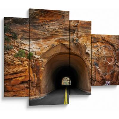 Obraz - tunel ve skále (s hodinami), Čtyřdílný 110x75 cm s hodinami