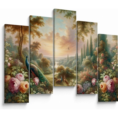 Obraz - Pávi v zahradě, pětidílný 125x90 cm