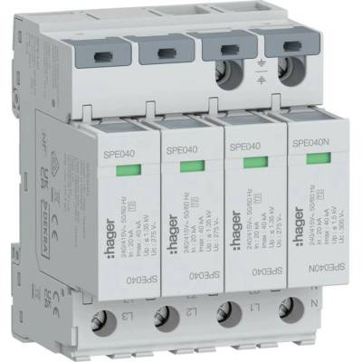 Zvodič prepätia Hager SPE440 – typ 2, 4P (3+1), In 20 kA, Up ≤ 1,35 kV