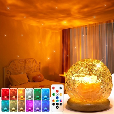 PIKOY Projektor hviezdnej oblohy – krištáľová guľa s RGB osvetlením a dreveným podstavcom