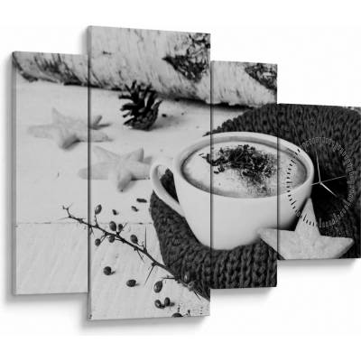 Obraz - Zimní cappuccino (s hodinami), Čtyřdílný 110x75 cm s hodinami