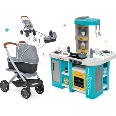 Smoby Set kuchynka elektronická Tefal Studio 360° XL Bubble a kočík hlboký a športový DeLuxe Maxi Cosi & Quinny