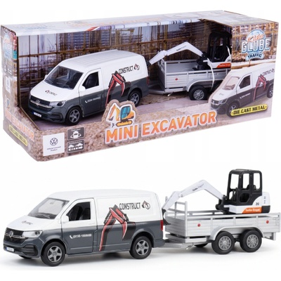 Kids Globe Traffic VW Transporter s přívěsem 27cm zpětný chod s mini bagrem v krabičce