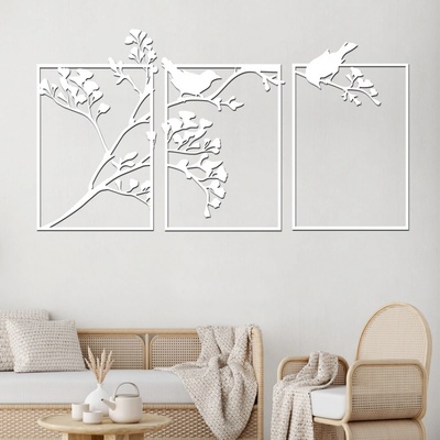 dřevo života 3 dílný dřevěný strom BIRD TREE Zvolte barvu dekoru: Bílá, Rozměry šxv (cm): 110x60