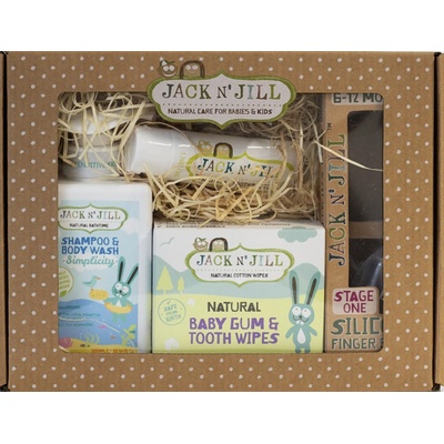 Jack N Jill BIO Balíček pro novorozence Simplicity sprchový gel 300 ml + zubní kartáček na prst 2 ks + zubní pasta 50 g + ubrousky na zuby 25 ks + gel na zoubky + krabička dárková sada – Hledejceny.cz