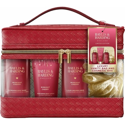 Baylis & Harding Midnight Cherry sprchový gel 300 ml + sprchový krém 300 ml + tělové mléko 200 ml + mycí houba 1 ks + kosmetická taštička – Hledejceny.cz