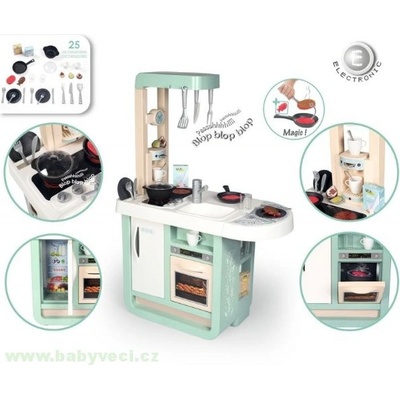 Smoby Green kuchyňka se zvuky pastelová s jídelním stolem troubou a chladnička pastelová zelená