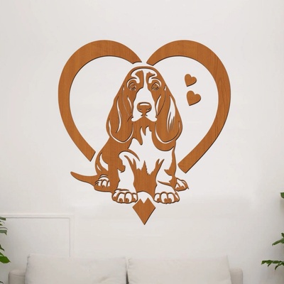 dřevo života Dřevěná samolepka Basset Hound v srdci Zvolte rozměr šxv (cm): 56x60, Zvolte barvu dekoru: Třešeň