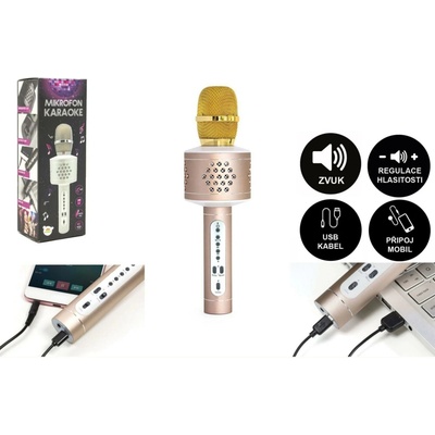 Teddies Mikrofón karaoke Bluetooth zlatý na batérie s USB káblom