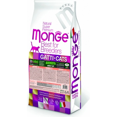 MONGE Best for Breeders BWild Grain Free Adult bezobilninové granule s lososom a hráškom pre dospelé mačky 10 kg