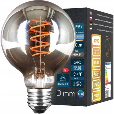LVT Stmievateľná dekoračná LED žiarovka E27 4W 2200K G80 filament dymová PL1790