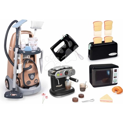 Smoby Set úklidový vozík a vysavač se zvukem Rowenta Trolley Vacuum Cleaner a mikrovlnka mixér a topinkovač s kávovarem