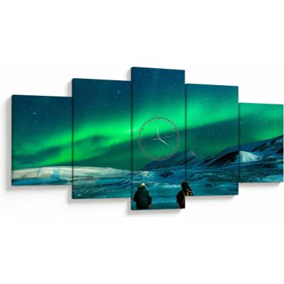 Obraz ľudí a polárna žiara (s hodinami), päťdielne 150x80 cm s hodinami