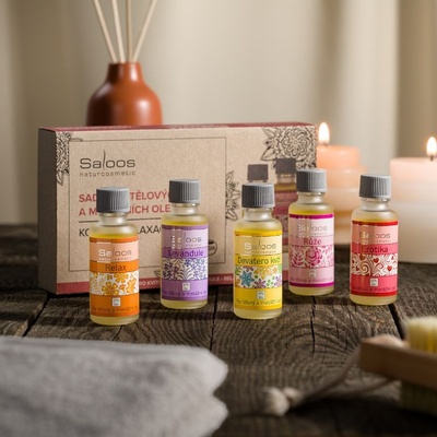 SALOOS Kouzlo relaxace Bio Oej Erotika 20 ml + Bio Olej Růže 20 ml + Bio Olej Relax 20 ml + Bio Olej Levandule 20 ml + Bio Olej Devatero kvítí 20 ml dárkové balení – Hledejceny.cz