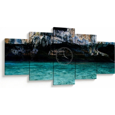 Obraz vody a skál (s hodinami), päťdielne 150x80 cm s hodinami