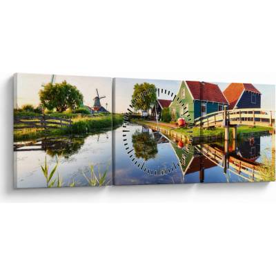 Obraz holandských mlynov (s hodinami), trojdielne 90x30 cm s hodinami