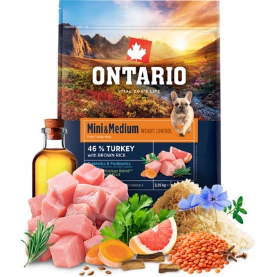 Ontario Mini & Medium Weight Control Turkey & Brown Rice 2,25 kg