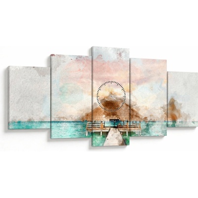 Obraz - Maledivy, drevené mólo (s hodinami), päťdielne 150x80 cm s hodinami