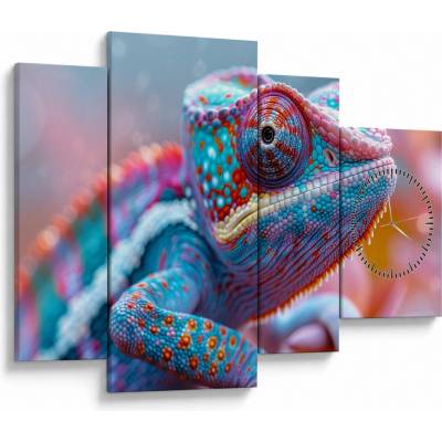 Obraz - Zbarvený chameleon (s hodinami), Čtyřdílný 110x75 cm s hodinami