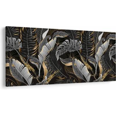 Obraz - Tropické listy v čierno-zlatej, jednodielne 200x100 cm