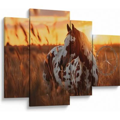 Obraz - Kůň při západu slunce (s hodinami), Čtyřdílný 110x75 cm s hodinami
