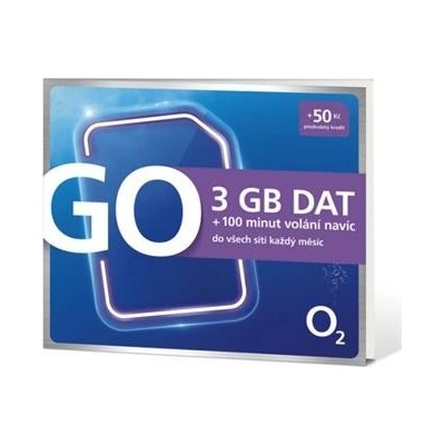 Předplacená SIM karta O2 s kreditem 50 Kč + 3GB DAT + 100 min. volání - O23GB100M
