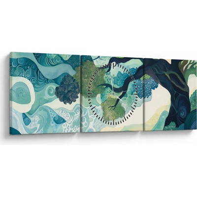 Obraz – Zelená koruna stromu života (s hodinami), trojdielne 90x30 cm s hodinami