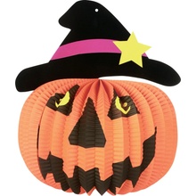 Papierový lampión Tekvica s klobúkom – Halloween, guľatý, 26 cm