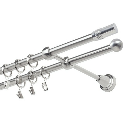 OK-GarnýžeCZ Garnýž kovová dvouřadá 19mm Cylinder nerez 130 cm do stěny / kroužky s žabkou