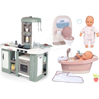 Smoby Set kuchynka elektronická s bublaním Tefal Studio Kitchen XL Bubble 360° a záchod a kúpeľňa s vaničkou so svetlom a 32 cm bábikou