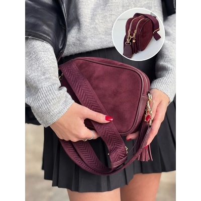 Bordová semišová crossbody kabelka s dvoma priehradkami