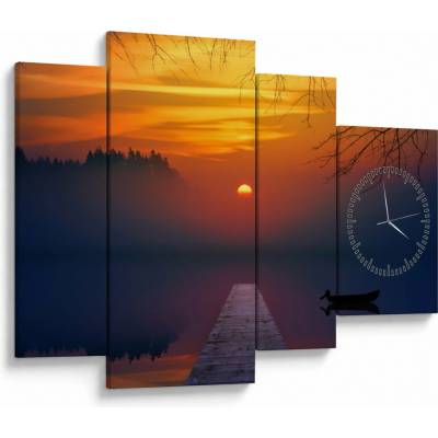 Obraz mostu při západu slunce (s hodinami), Čtyřdílný 110x75 cm s hodinami