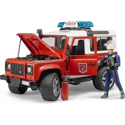 Bruder Zásahový hasičský vůz Land Rover Defender Station Wagon s figurkou hasiče a hasicím přístrojem 1:16
