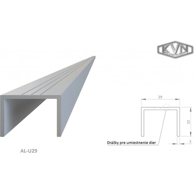 U profil 29x22x6000 mm, materiál EN AW-6060 T66, přírodní hliník bez povrchové úpravy, cena za KUS