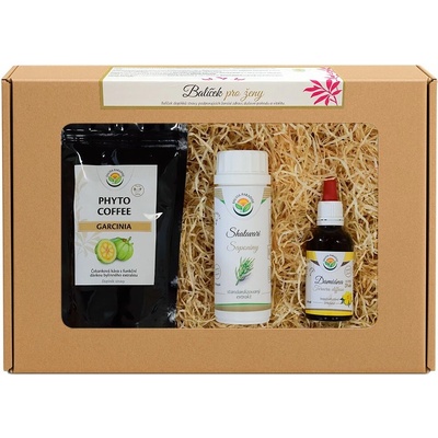 Salvia Paradise Dárkový balíček pro ženy: Phyto Coffee Garcinia 100 g + Šatavari extrakt k 90 kapslí + Damiána AF tinktura 50 ml
