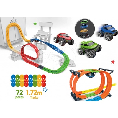 FleXtreme Discovery Set flexibilná autodráha Set Smoby so Superloops okruhmi a predĺžená dráha 612 cm s výhybkou a fixáciou a 3 elektronické autíčka