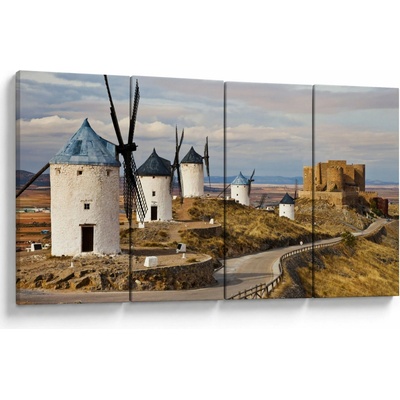 Obraz - Veterné mlyny Consuegra, Španielsko, štvordielne 160x80 cm