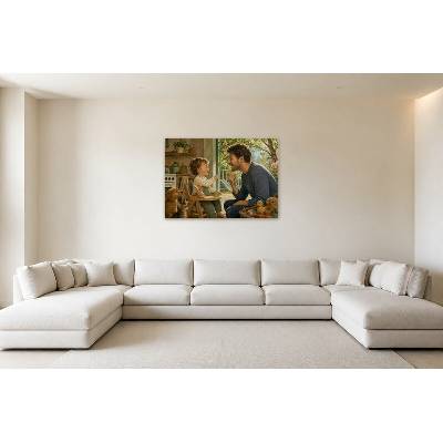 Obraz na plátně – Muž a dítě se zvířaty u dětské židličky 150 × 105 cm