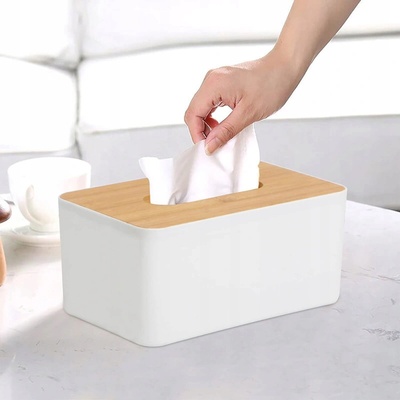 Huizhou Haiswei Daily Necessities Co., Ltd. Zásobník na papierové vreckovky s bambusovým vekom, biely 13 × 21 × 9,5 cm