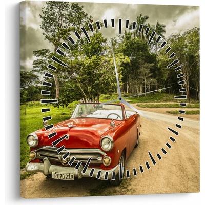 Obraz - auto veterán v přírodě (s hodinami), jednodílný 30x30 cm s hodinami