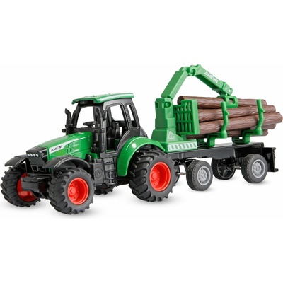 Amewi Trade GmbH Mini RC kovový traktor s přívěsem na dřevo + nakládací jeřáb RTR 1:64 zelený