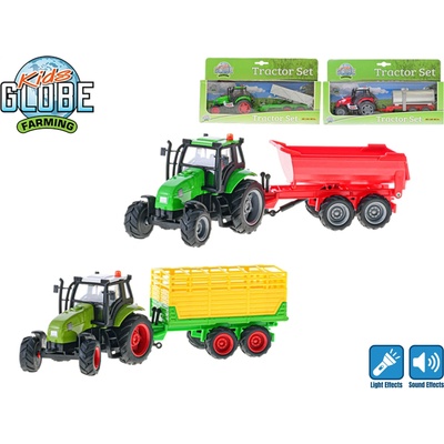 Kids Globe Farming traktor kov 25cm na setrvačník s vlečkou na baterie+světlo/zvuk 4druhy Druhy: s cisternou žlutý přívěs červený přívěs šedý přívěs