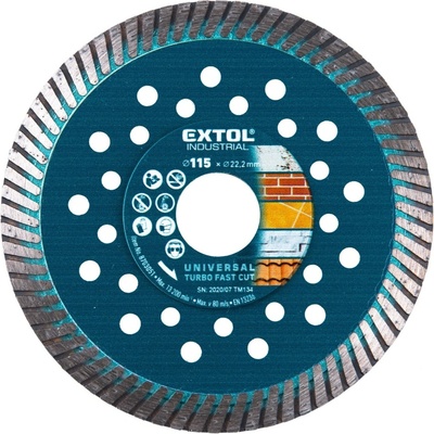 Kotouč diamantový řezný, turbo Fast Cut, suché i mokré řezání, ⌀115x22,2x2mm EXTOL INDUSTRIAL