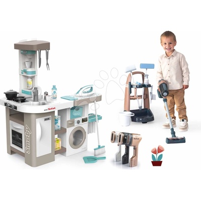 Smoby Set úklidový vozík s kuchyňka s pračkou Rowenta Trolley Upright Hoover a tyčový vysavač se zvukem a ruční napařovač